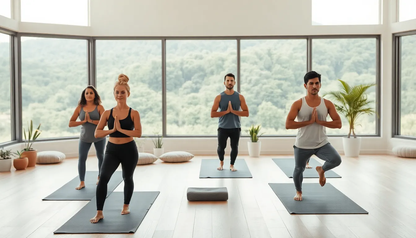 diverse group practicing yoga in a calming wellness studio.