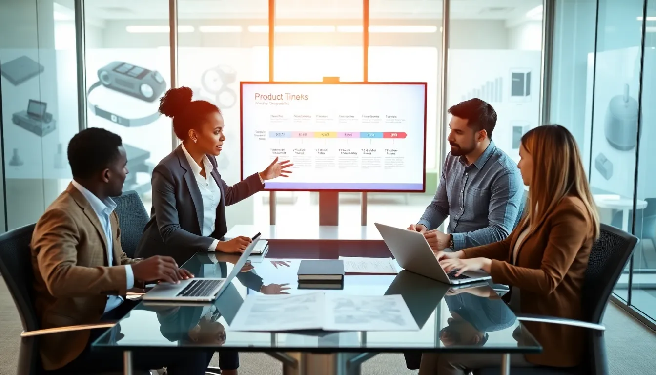 diverse team discussing product development in a modern office.